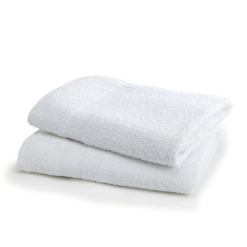 Two neatly folded Terry Bath Towels resting on a white surface.