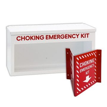 The front view of a white choking emergency kit cabinet with red text that reads " choking emergency kit". Including a red choking emergency sign with white text that reads "choking emergency kit.