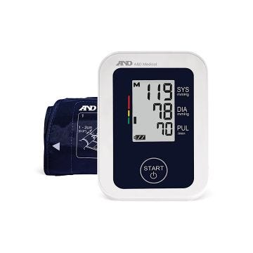 The front view of a navy blue A&D Medical Blood Pressure Monitor with small cuff.