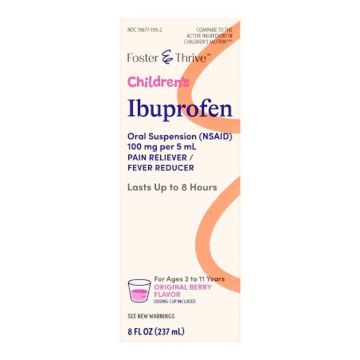 The front view of a box of Children's Pain Relief Foster & Thrive 8 oz.; 100mg; 5mL.