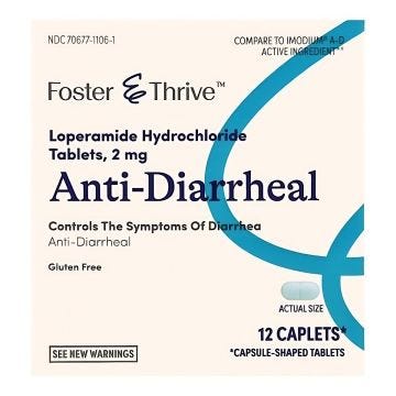 The front view of a box of Anti-Diarrheal Foster & Thrive 2mg; 12 per box.