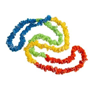 Scrunched up; elastic band with blue; green; yellow and red stretchy fleece fabric.
