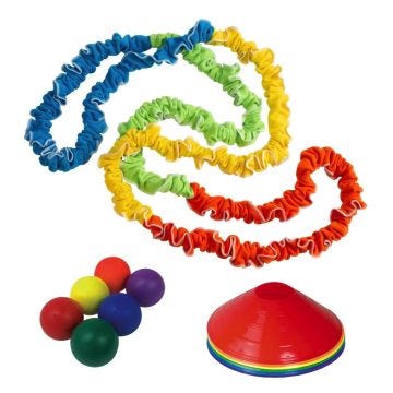 A colorful set of activity equipment; including an elastic resistance bands covered in fabric (blue; green; yellow; and orange); brightly colored cones; and six small foam balls.