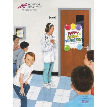 Painting of a group of children gathered around a school nurse as she looks warmly at her door cover in balloons and a "Happy School Nurse Day" sign.