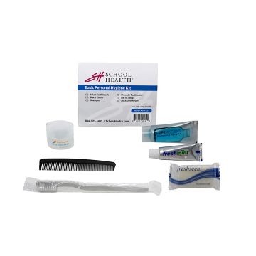 Clear reclosable bag; image shows content of kit; 1 toothbrush; 1; tube of toothpaste; shampoo; bar of soap; deodorant and comb