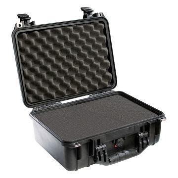 Black hard case with handle lined by black foam inside