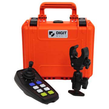 Closed Orange hard carrying case with black foam lining  with Black controller and stand