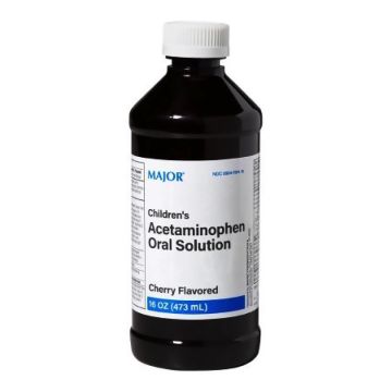 16 oz. brown bottle with white label. Children's Acetaminophen Oral Solution; Cherry Flavored.