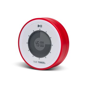 White face plate Time Timer with red outer ring. Timer is standing upright and shows 45 on the screen.