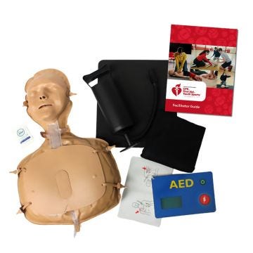 Medium skin inflatable manikin; manikin wipes; black air pump and bag; blue AED simulator and white pads with instructions; and AHA Facilitator guide.