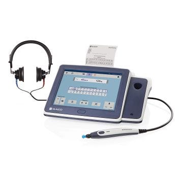 There is a large 10.4” touchscreen display. The probe and cable are white; matching the main unit. There is a headset with one blue wire and one red wire. The image shows printed results from the internal printer.