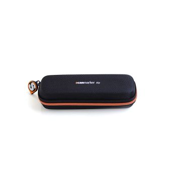 Black rectangular case with orange zipper