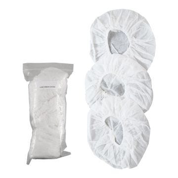 White plastic packet filled with ear cushion covers. Three white ear cushion covers seen up close.