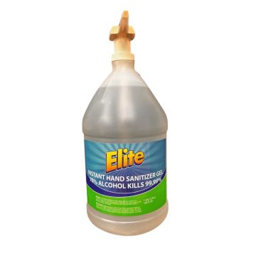 White 1 gallon plastic bottle with pump on top and blue green label on it. Label says "Elite" Instant Hand Sanitizer Gel.