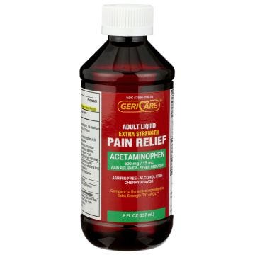 Red bottle with white cap having red-white label with PAIN RELIEF written on it.