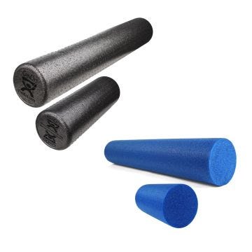 A long and short black foam roller next to a long and short blue foam roller.