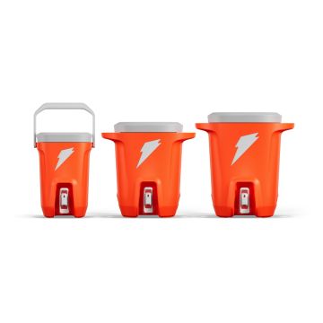 Plastic Orange Coolers with white color taps and tops