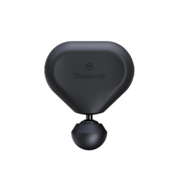 Black Handheld Massage Device: Triangular-shaped with rounded edges; featuring the "Therabody" brand name and a spherical attachment at the bottom.