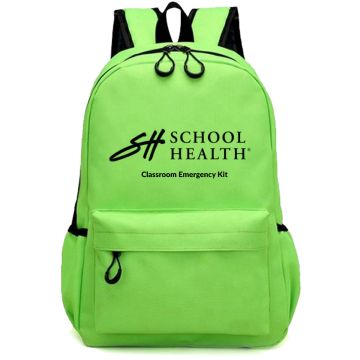 Green colored backpack that has the School Health logo and words Classroom Emergency Kit on the front.