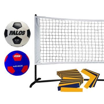 A portable net system alongside a black and white soccer ball; a red and blue cloth soccer ball; and a set of yellow and blue flat field markers for sports activities.