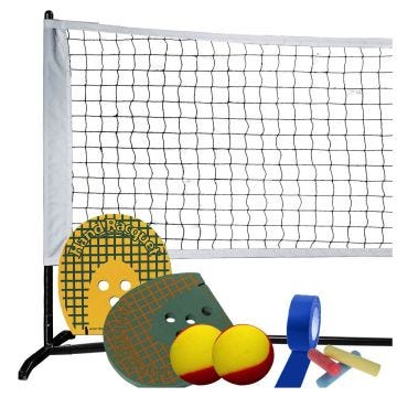 A portable net system displayed with two hand racquets; 2-tone foam balls; chalk; and tape.