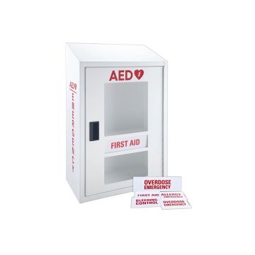 A white wall-mounted cabinet labeled "AED" with a heart and lightning bolt symbol. The cabinet has a transparent front door with the words "FIRST AID" written on it. The side of the cabinet also has the words "AED" and "EMERGENCY" in red text.