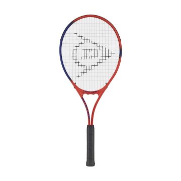 A Dunlop Tristorm tennis racket with a red-to-blue gradient frame and black grip. The strings feature a Dunlop logo pattern.