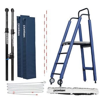 A complete volleyball net system set including carbon fiber poles; net padding; antennae; a referee stand; a net tensioning system; and storage pads with the "Porter" brand logo.