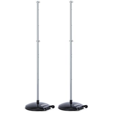 A pair of freestanding Porter volleyball poles with weighted black bases and built-in wheels for easy mobility. The silver poles have multiple attachment points for net height adjustments.