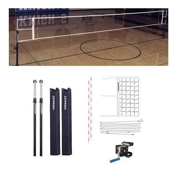 A complete Porter volleyball net system displayed in two sections. The top half shows the assembled volleyball net set up in a gymnasium with a polished wooden floor, court lines, and overhead lighting. 
