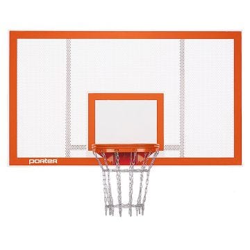 A Porter rectangular perforated steel basketball backboard with an orange border and white playing area.