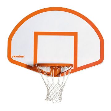 A Porter fan-shaped basketball backboard with an orange border and a matching target square. The set displays an orange steel rim and a white nylon net.