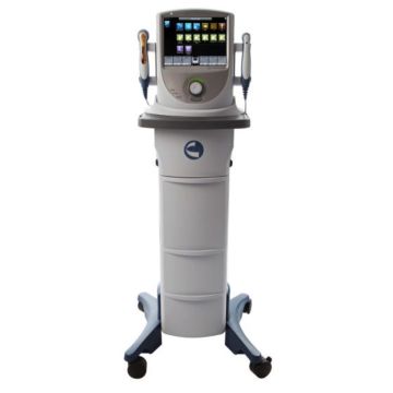 Image of the Vectra Neo Clinical Therapy System; a versatile medical device with a touchscreen interface; multiple therapy modules including electrotherapy; ultrasound, laser therapy; and sEMG biofeedback. 