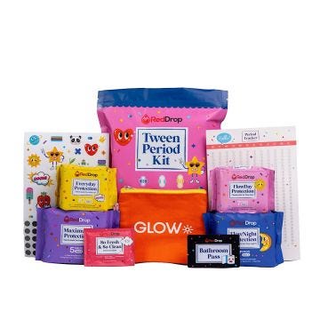 RedDrop Tween Period Kit - size 1; 2; 3& 4 pads; Red On-The-Go Pouch; Bathroom Pass; Period Tracker & Stickers

