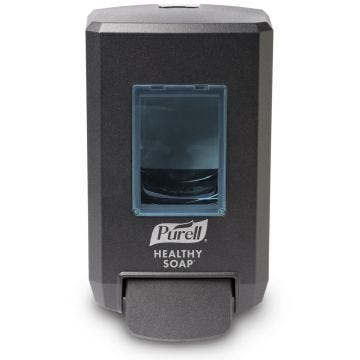 Front-facing dark graphite dispenser with sight window & lever; Purell logo in white