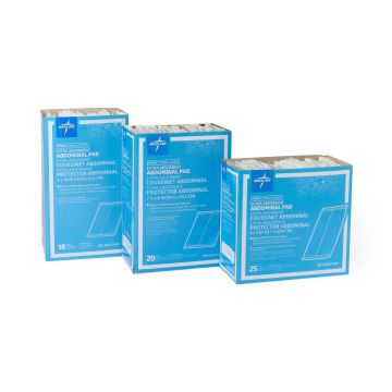 Three boxes of Medline sterile extra absorbent abdominal pads in different sizes. The boxes are blue with white text and include dimensions: 8 x 10 in (18 count); 7.5 x 8 in (20 count); and 5 x 9 in (25 count).