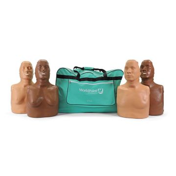 SKU 1048681 Front view of WorldPoint CPR Tommi Diversity Pack Manikins; 4 pack with 4 torso manikins and teal color carry bag