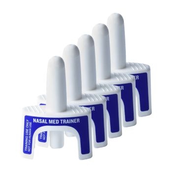 Front view white and blue WorldPoint Nasal Med Trainer; 5 pack (training use only)