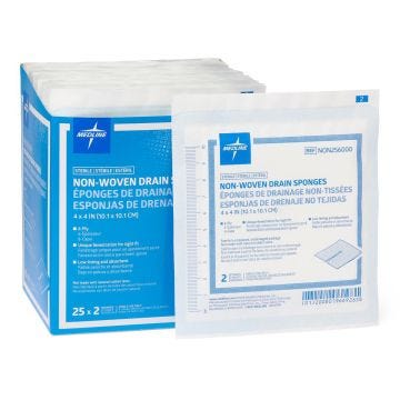 Blue box showing product with individual wrapped gauze.