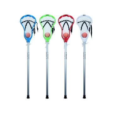 Set of four STX mini lacrosse sticks in blue; green; red; and white; each with a white net and orange ball; shown standing upright side by side.