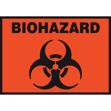 Orange vinyl biohazard sign with black Biohazard word and icon.