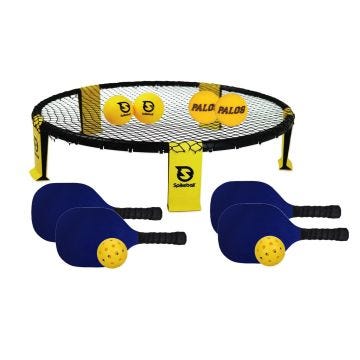 Game set with a Spikeball net; four yellow balls; four blue pickleball paddles; and two perforated yellow plastic balls.