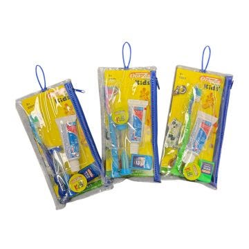 Display of 3 Ora-Zen Pediatric Dental Kit ( toothbrush(1); toothpaste(1); and other dental hygiene items in bright yellow packaging