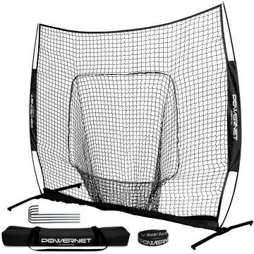 Black PowerNet hitting net with strike zone target; metal ground stakes; wristband; and carrying case.
