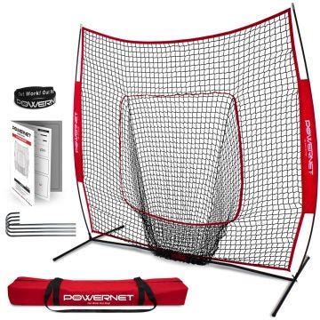 Red PowerNet hitting net with strike zone target; setup instructions; metal ground stakes; wristband; and carrying case.