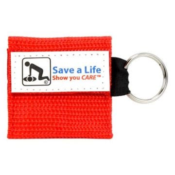 A vibrant red keychain inscribed with the words "Save a Life."