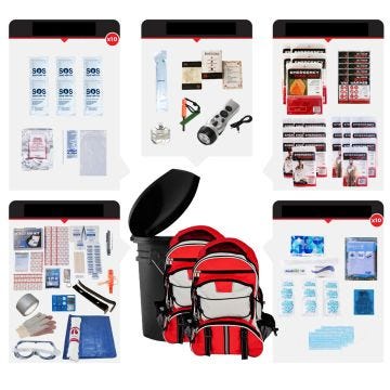 1048971 - Bucket Survival Kit – 10 Person:  black bucket & 2 red/black/grey backpacks surrounded by included contents.  See product description for full list of contents.
