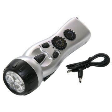 1048975 - Silver & Black Dynamo Flashlight with Am/Fm Radio; Siren; & Cell Phone Charger.