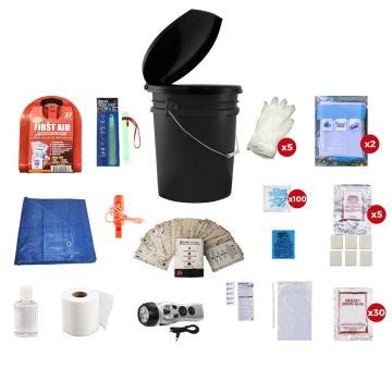 1048977 - Guardian lockdown kit: black bucket with open lid surrounded by included contents. See product description for full list of contents.