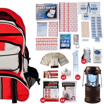 1048981 - Family Blackout Kit; Backpack: red/black/white backpack surrounded by included contents.  See product description for full list of contents.